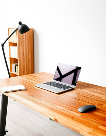Laptop on wooden desk in modern office interior. 3D Renderingの写真素材