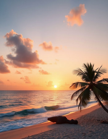 Beautiful sunset on the beach with palm tree and sea in background
