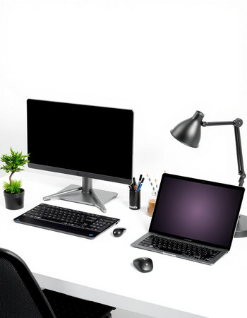 3D Rendering : Workspace with computer, laptop, stationery and a lamp