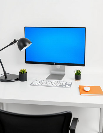 workplace with computer, lamp and stationery. 3d rendering