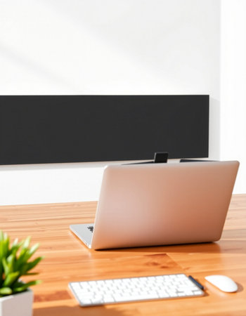 Laptop computer on wooden desk in modern office with black wall backgroundの写真素材