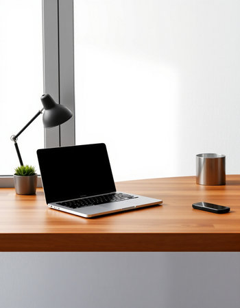 Laptop with blank screen on table in office. 3d renderの写真素材