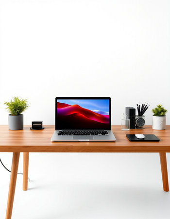Modern workspace with laptop on wooden table. 3d render illustration.