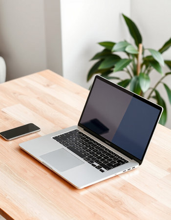Laptop with blank screen and mobile phone on wooden desk in office
