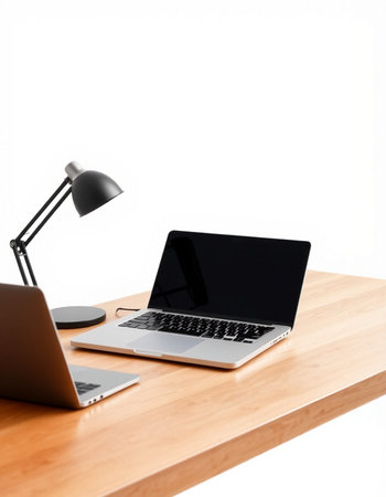Laptop and lamp on a wooden table isolated on white background.
