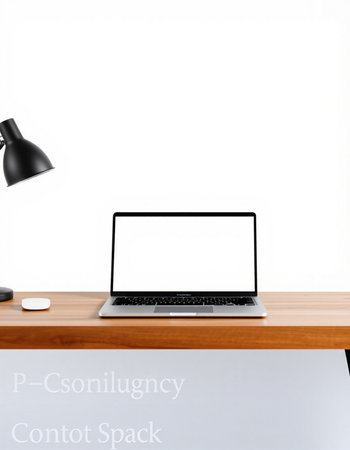 Modern workspace with blank screen laptop computer, mouse, lamp and coffee cup on wood table isolated on white background.の写真素材