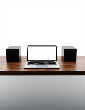 laptop on wood table and black speakers isolated on white background.の写真素材
