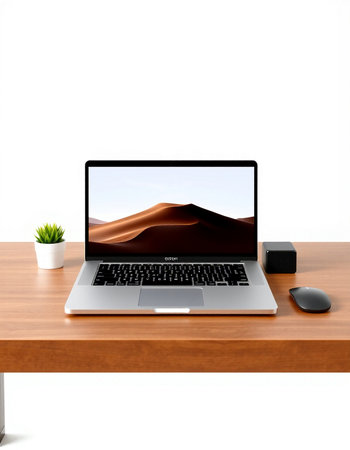 Laptop on wooden desk isolated on white background. 3D illustration.