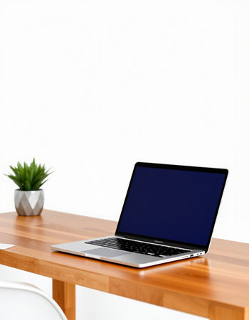 Laptop on wooden table and white wall background. 3d rendering.