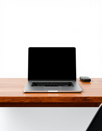 Laptop with blank black screen on wooden desk isolated on white backgroundの写真素材