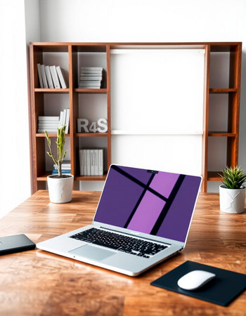 Laptop on wooden desk in office. 3d rendering