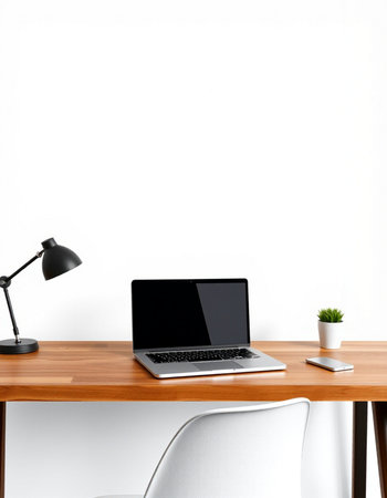 Laptop on wooden table with white wall background, 3d renderの写真素材