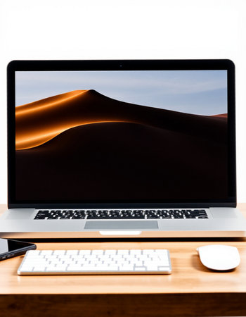 Laptop with screen and mouse on wooden desk isolated on white background