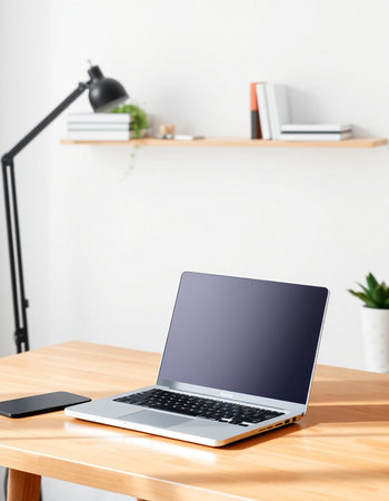 Laptop with blank screen on table in modern office. Mock up