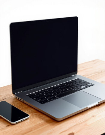Laptop with blank screen on wooden table and smartphone on white background