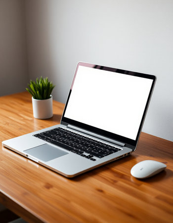 Laptop with blank screen on wooden table and white wall background.