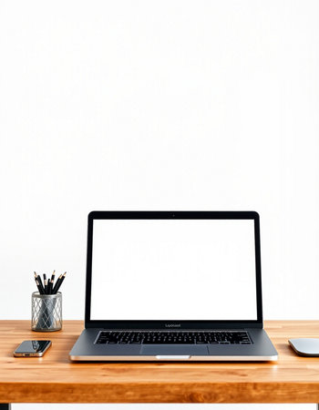 Laptop with blank screen on wooden table and white wall background.の写真素材