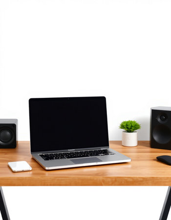 Modern workspace with blank screen laptop, smartphone and speaker on wooden table isolated on white...