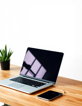 Laptop and smart phone on wooden desk with white wall background.