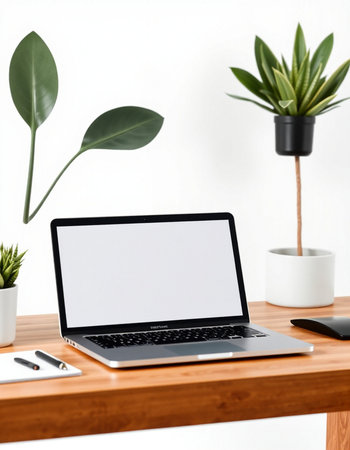 Mockup image of desktop with blank white laptop screen, coffee cup and decorative plant.