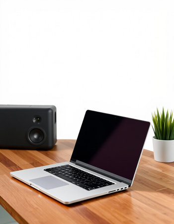 laptop on wooden desk with speaker and plant on white wall background