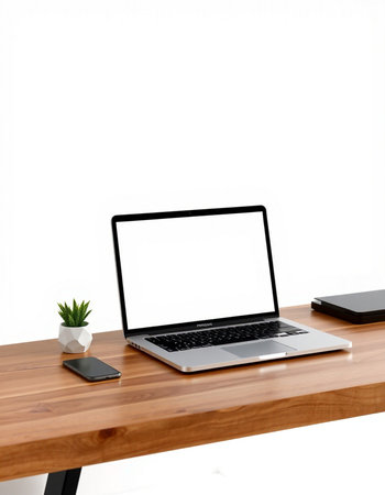 Modern workspace with blank screen laptop computer on wooden table isolated on white background,...