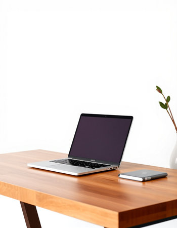 Laptop with blank screen on wood table and white wall background.