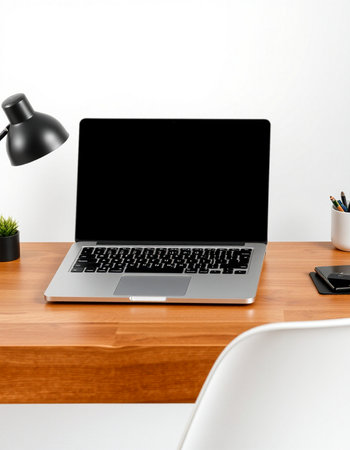 Laptop on wooden table with white wall background, 3d render