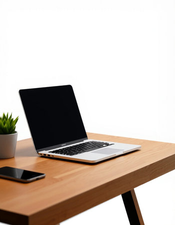 Laptop with blank screen on wooden table over white background with copy spaceの写真素材