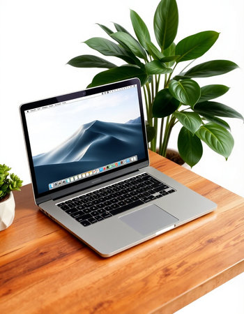 Laptop on wooden desk with green plant in the background, isolated on whiteの写真素材