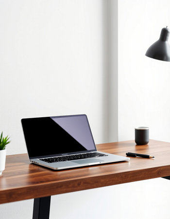 laptop with blank screen on wooden table in modern office. mock upの写真素材