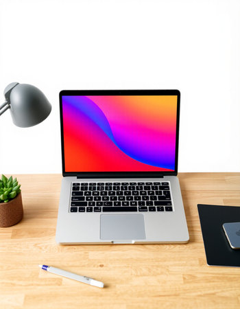 Modern workspace with blank laptop computer and office supplies on wooden table. 3D Rendering