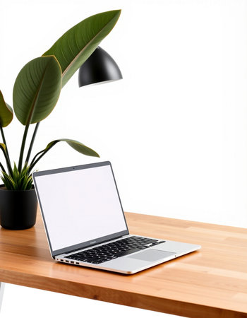 Laptop with blank screen on wooden table and green plant on white background