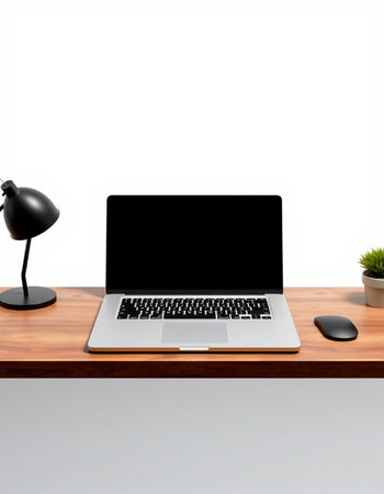 Laptop with blank screen on wooden desk isolated on white background.