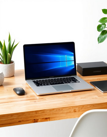 Modern workspace with laptop and devices on wooden table. 3d render