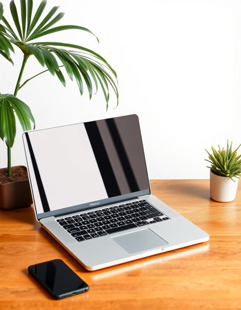 Laptop with blank screen on wooden desk with smartphone and plant.