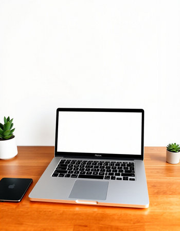 Laptop with blank screen on wood table and white wall background.