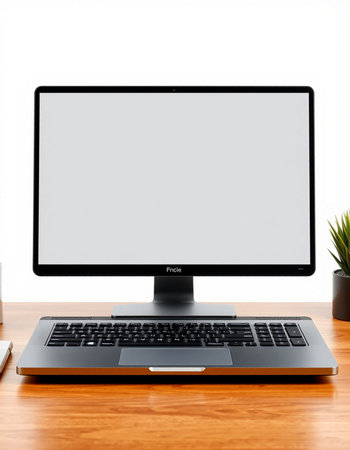 Computer with blank screen on the desk. Isolated on white background