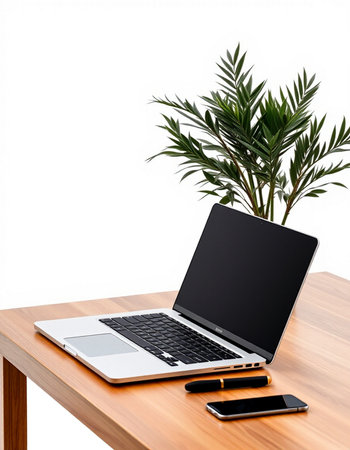 Laptop computer with blank screen on wooden table isolated on white backgroundの写真素材