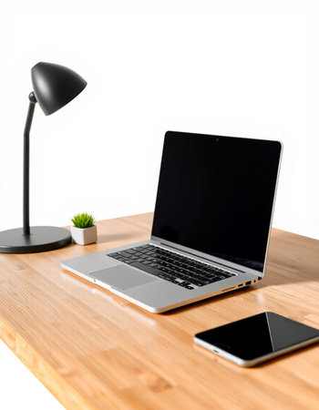 Office desk table with laptop, smartphone, lamp and coffee cup.の写真素材