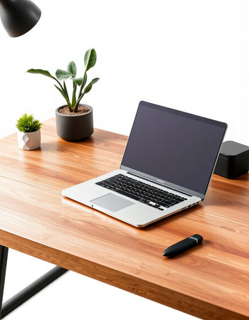 Laptop on a wooden desk with a plant and a black penの写真素材