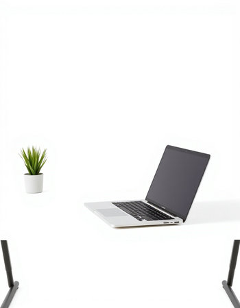 Laptop on a white background with a plant in a pot.の写真素材