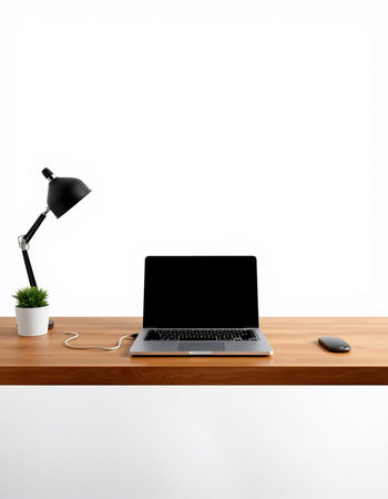 Laptop with blank screen on wooden desk and lamp on white wall background