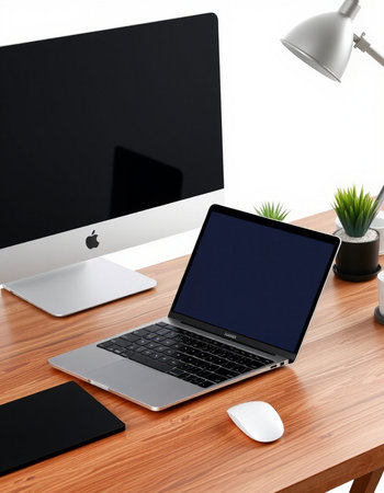 Modern workplace with blank screen computer monitor, laptop and stationery on wooden table.