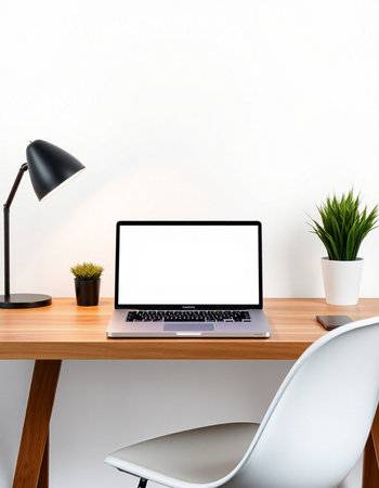 Laptop with blank screen on wooden table and white chair. 3d rendering.