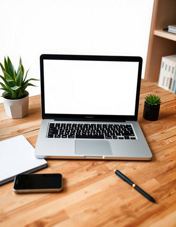 Workplace with laptop, smartphone, notebook and plant on wooden tableの写真素材