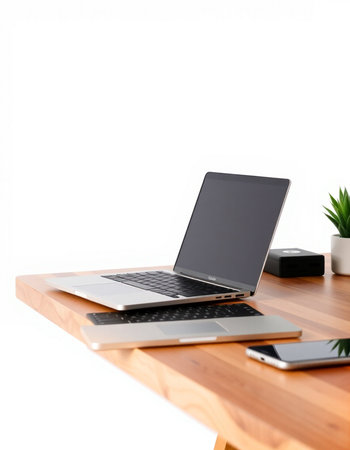 Laptop computer with blank screen on wood desk isolated on white background