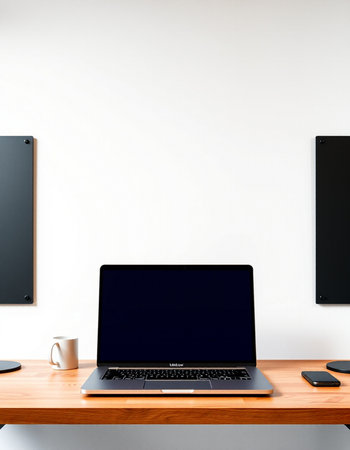 Laptop with blank screen on wooden table in front of white wall