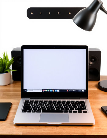 Workplace with blank screen laptop computer on wooden table, stock photo