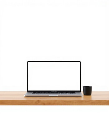 Laptop computer with blank screen on wood table isolated on white backgroundの写真素材